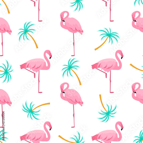 Flamingo and palm tree. Summer tropical seamless pattern. Used for design surfaces  fabrics  textiles  packaging paper  wallpaper