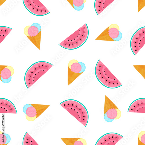 Ice cream balls in a waffle cone and watermelon. Summer seamless pattern. Used for design surfaces, fabrics, textiles, packaging paper, wallpaper