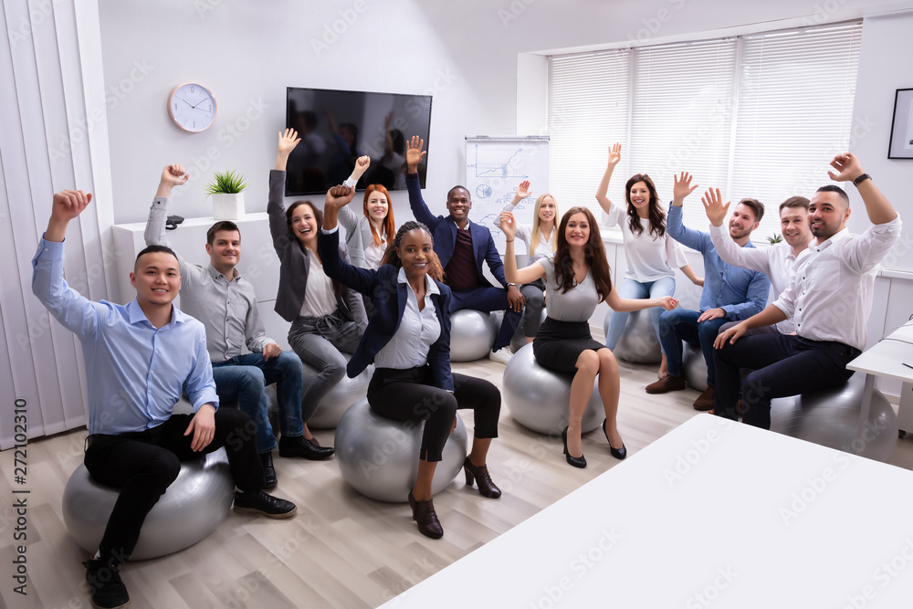 Group Of Happy Businesspeople Waving Hands - obrazy, fototapety, plakaty 