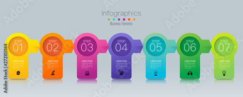 Timeline infographics design vector and business icons with 7 steps.