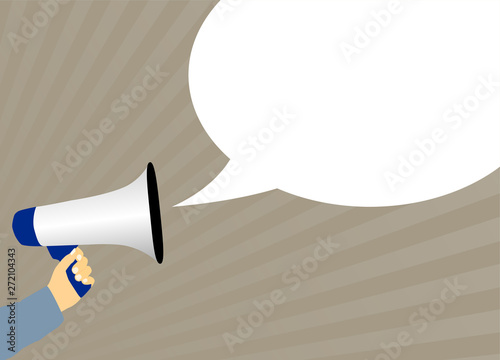 hand holding megaphone or bullhorn with speech bubble vector illustration