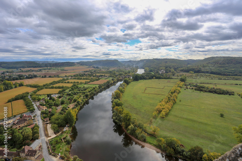 Top view of the Dordogne River  fields  forests. France