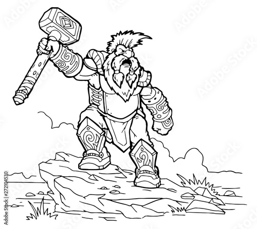 strong hero, vector image of fantasy dwarf coloring book