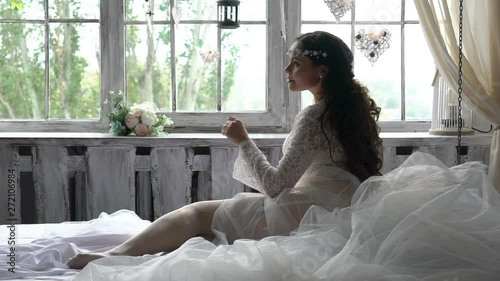 Beautiful Bride Posing And Have Fun In Dressing Room Before Dressing For Wedding