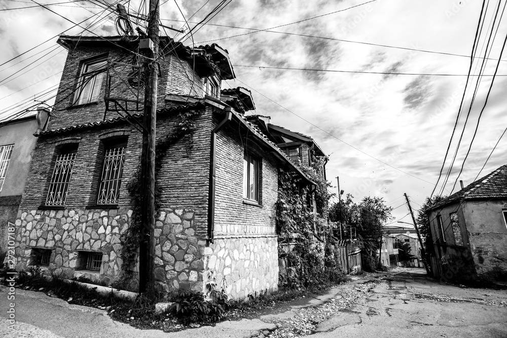 Black and white view of street in Telavi town in Georgia, Kakheti