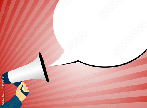 hand holding megaphone or bullhorn against red background with rays of light and speech bubble vector illustration