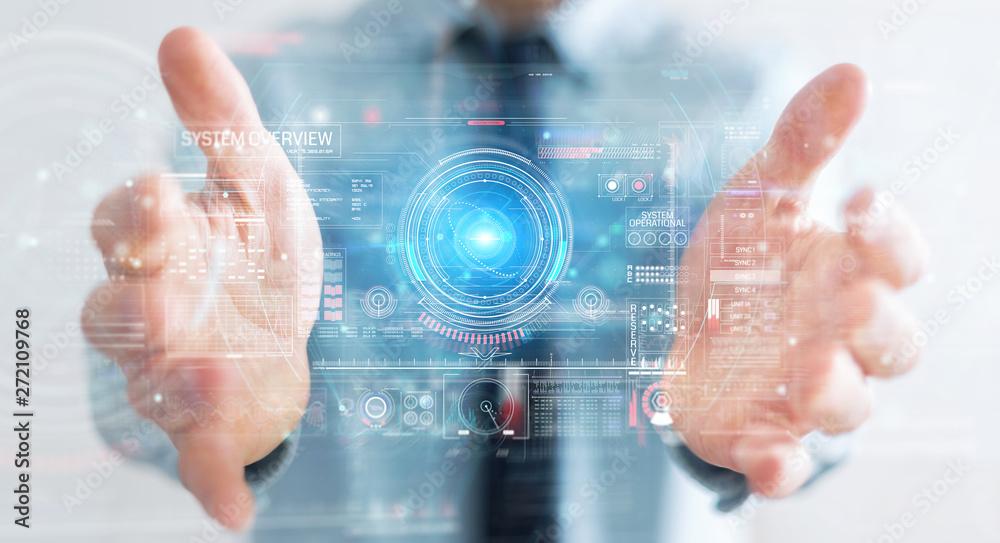 Businessman using digital technological interface with datas 3D rendering Businessman using digital technological interface with datas 3D rendering