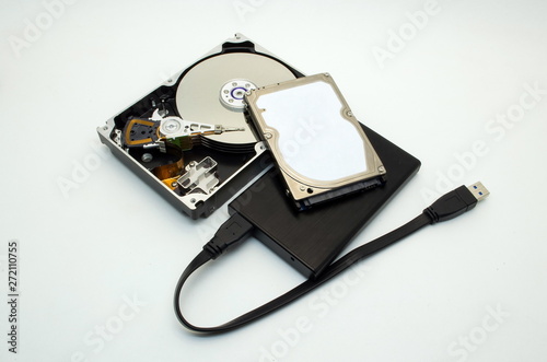a bunch of hard disk drive, close-up, isolate, white background