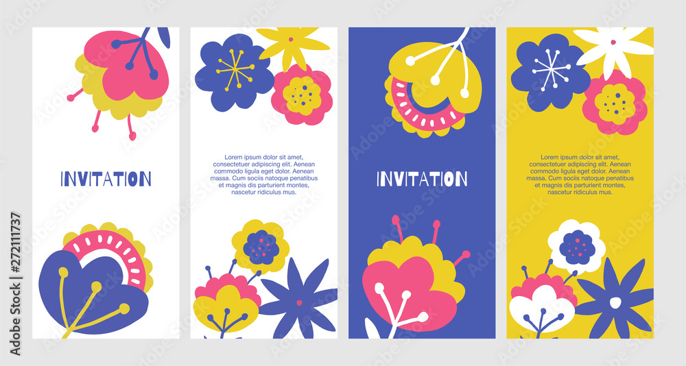 Set of flower wedding invitation concept. Vector layout decorative greeting card or invitation design background. greeting card in the Doodle style. Cards design set with abstract flowers. poster Set of flower wedding invitation concept. Vector layout decorative greeting card or invitation design background. greeting card in the Doodle style. Cards design set with abstract flowers. poster