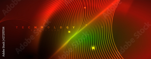 Shiny neon lines template - northern lights glowing blur lines. Futuristic style glow neon 80s disco club or night party techno template