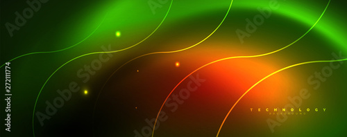 Shiny neon lines template - northern lights glowing blur lines. Futuristic style glow neon 80s disco club or night party techno template