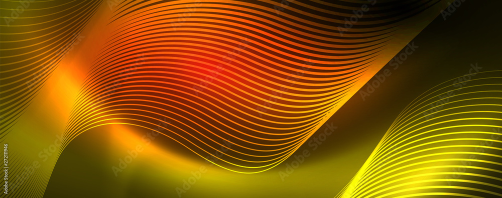 Bright neon circles and wave lines, glowing shiny background design template, digital techno concept.