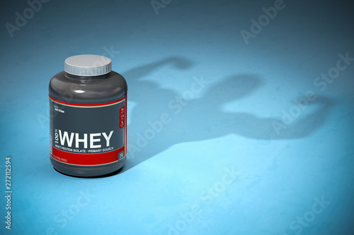 Whey protein with a shadow of bodibuilder. Sports  nutrition supplements for bodibuilding. photo