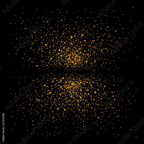 Gold sparkle on black background. Golden light glitter, confetti texture decoration. Shiny abstract design Christmas holiday, Happy New Year celebration. Glow sund shimmer dust. Vector illustration