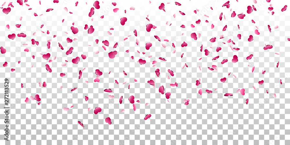 Heart falling confetti isolated white transparent background. Pink fall hearts. Valentine day decoration. Love element design, hearts-shape confetti wedding card, romantic holiday. Vector illustration