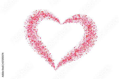 Heart confetti isolated white background. Fall red confetti, heart-shape. Valentine day holiday, romantic wedding border card. Valentines decoration frame. Greeting love design. Vector illustration