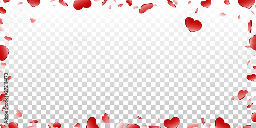 Heart frame isolated white transparent background. Red hearts fall confetti border. Abstract heart design love card, wedding romantic greeting poster. Valentine day decoration. Vector illustration