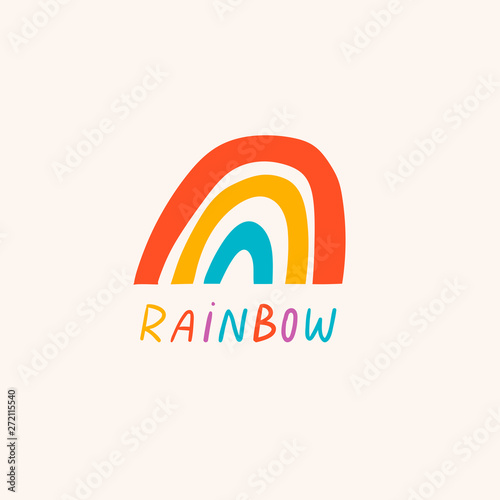 Hand drawn rainbow logo. Children's drawings style. Flat design. Vector colored trendy illustration for kids. Cartoon minimalistic style. Flat design
