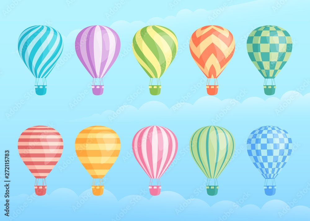 Collection of colorful vector hot air balloons. Zig zags, wavy lines, striped or checkered patterns on vintage style hot air balloon with basket at cloud background for sky holiday adventure design