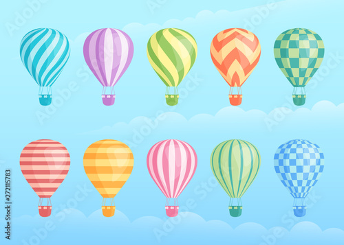Collection of colorful vector hot air balloons. Zig zags, wavy lines, striped or checkered patterns on vintage style hot air balloon with basket at cloud background for sky holiday adventure design