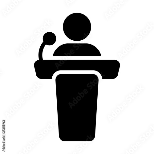 Speaker icon vector male person on podium symbol for public speech with microphone in glyph pictogram illustration
