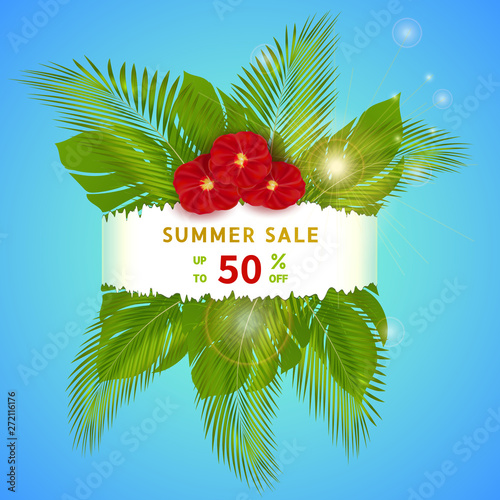 Summer sale discount banner design for promotion with tropical leaves background, red flowers and sun on blue background. Exotic floral design for flyer, poster, online store, voucher, website
