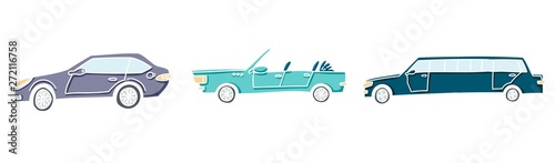 Cute illustration of a doodle car set. Pastel colored vector autos with white outline. © Ann