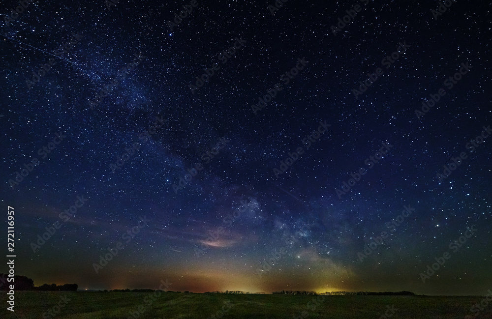 Starry sky and the milky way over the meadow and forest.