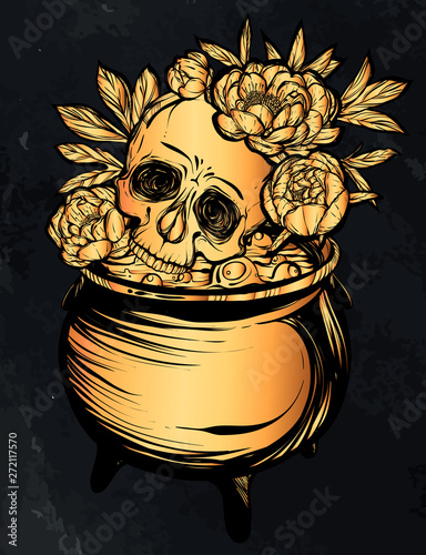 Vector illustration. Halloween. The Witch's Cauldron, Skull with peonies. Handmade, prints on T-shirts, , background chalkboard, tattoos. gold color