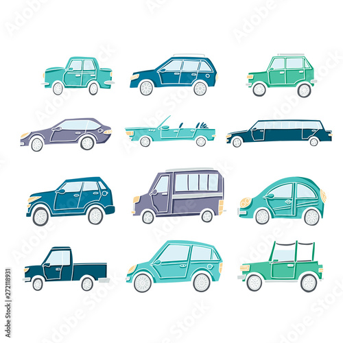 Cute illustration of a doodle car set. Pastel colored vector autos with white outline.