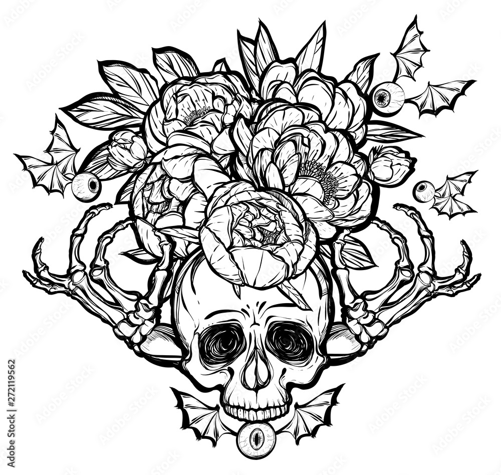 Obraz premium Halloween. Vector illustration. Skull, bones, peonies. Handmade, prints on T-shirts, background white, tattoos