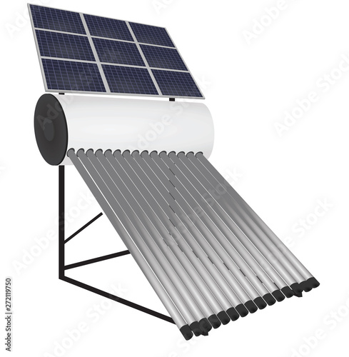 Solar pipes heater with solar panels. vector illustration
