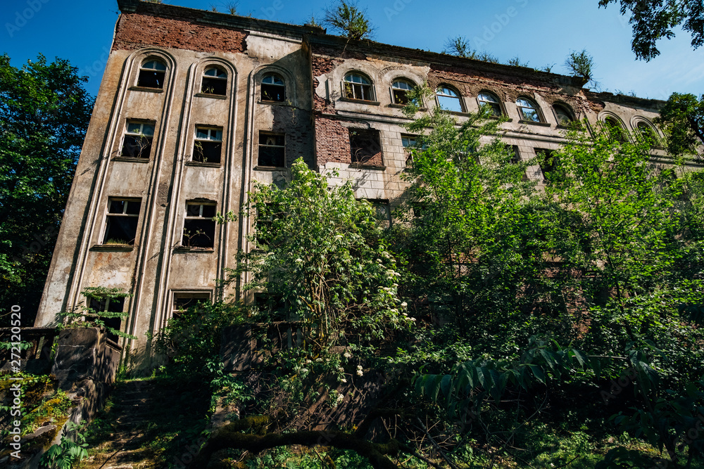 Obraz premium Ruined overgrown school in ghost mining town Akarmara, consequences of war in Abkhazia, green post-apocalyptic concept