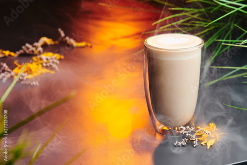 Cappuccino with foam in a beautiful glass on a dark smoky background with warm backlight with greens and on the background. Copy space