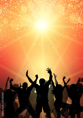Party crowd on sunburst background