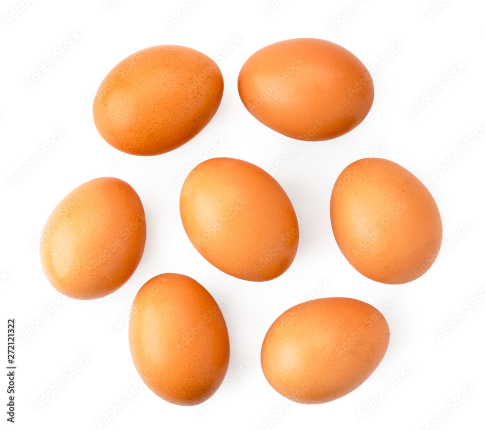 Chicken eggs on a white background. The form of the top. Chicken eggs on a white background. The form of the top.