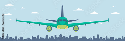 Airplane flying over city skyscrapers. Plane in the sky city scape skyline background banner. Travel with us concept. Flat vector Illustration