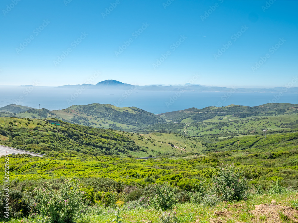 Aerial view of the Strait of Gibraltar and the Mediterranean sea. Atlas mountains of Africa in the background