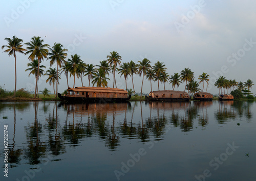 Houseboats Parked On The Banks Alongside Palm Trees.On Kerala Backwaters, Alleppey, India