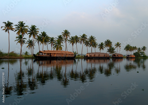Houseboats Parked On The Banks Alongside Palm Trees.On Kerala Backwaters, Alleppey, India photo
