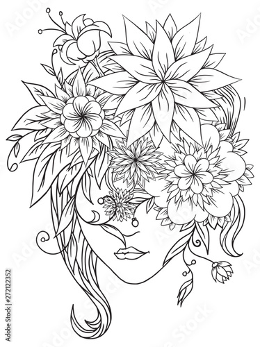 flower girl with hat. abstract digital illustration. inc hand drawn. coloring page
