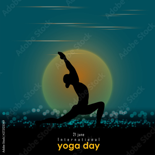 21 june-international yoga day, yoga body posture, human silhouette and sun rays, vector illustration - Vector