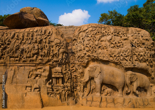 Carvings Of Elephants On Carved Wall Called Arjuna's Penance, Mahabalipuram, India