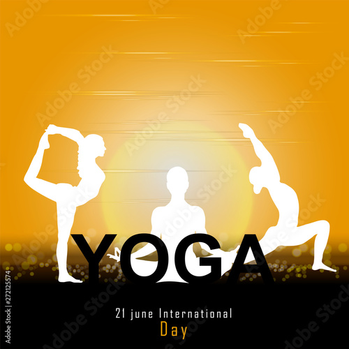 21 june-international yoga day, yoga body posture, human silhouette and sun rays, vector illustration - Vector