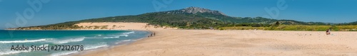 Panorama of the big dune of Valdevaqueros in Tarifa,Punta Paloma and Valdevaqueros beach. Impressive nature landscape of one of the main holidays destination of the coast of Cadiz in Andalusia, Spain