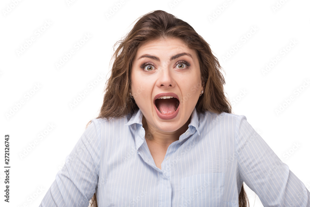 Happy suprised shocked excited girl face with long curly hair. Young caucasian woman isolated on white background. Copy space Happy suprised shocked excited girl face with long curly hair. Young caucasian woman isolated on white background. Copy space