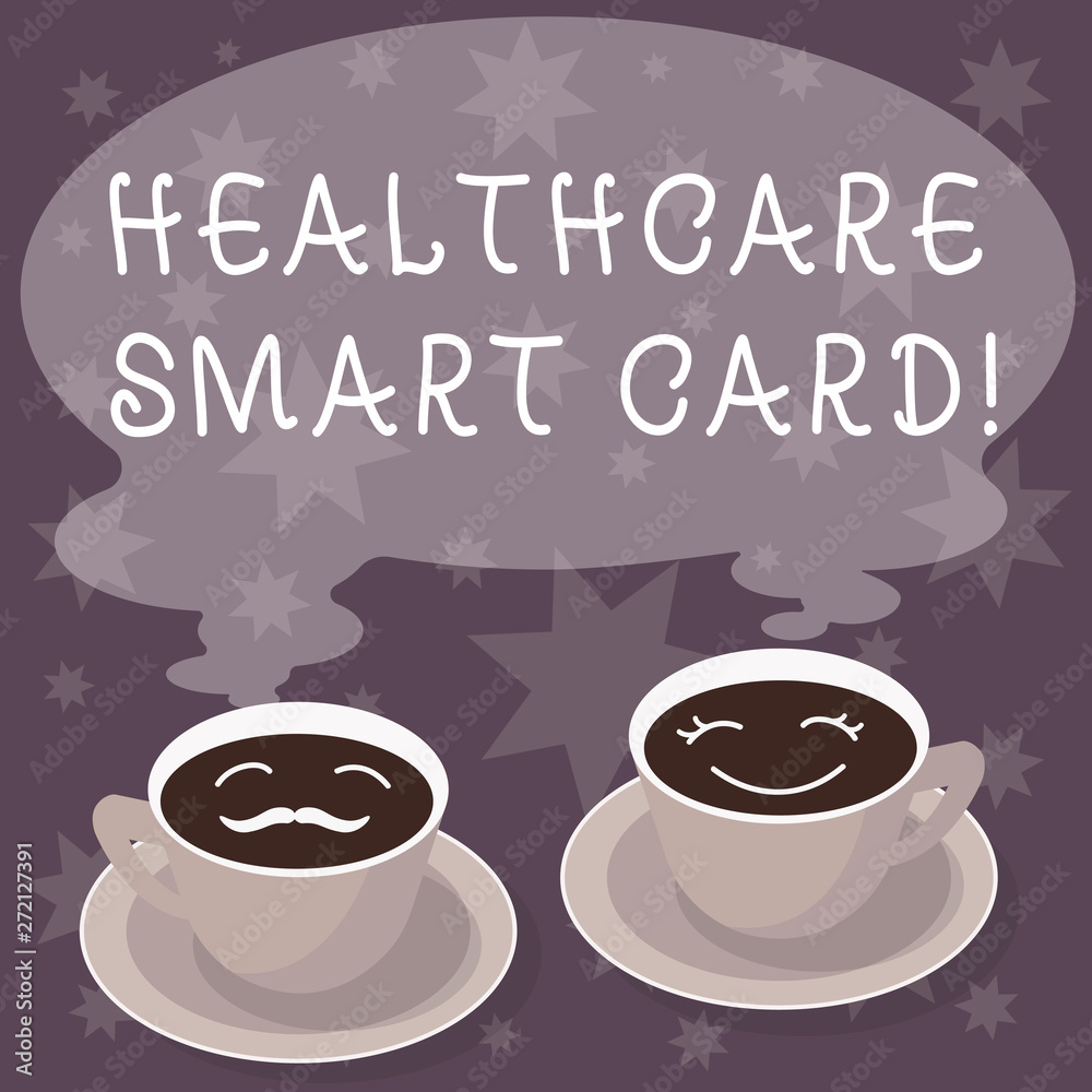 Obraz premium Text sign showing Healthcare Smart Card. Conceptual photo A card that has basics of a patient s is health records Sets of Cup Saucer for His and Hers Coffee Face icon with Blank Steam