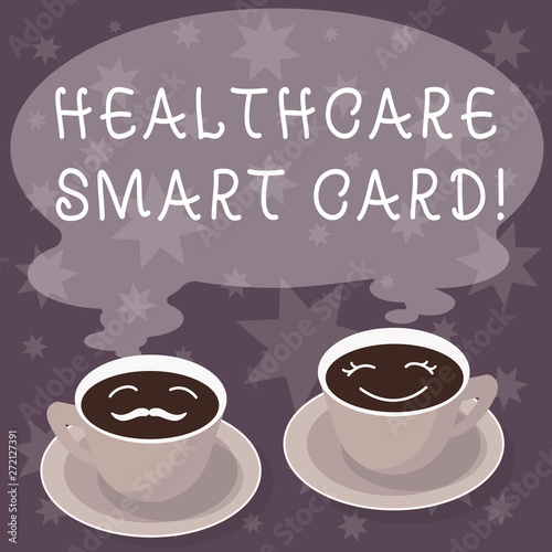 Text sign showing Healthcare Smart Card. Conceptual photo A card that has basics of a patient s is health records Sets of Cup Saucer for His and Hers Coffee Face icon with Blank Steam