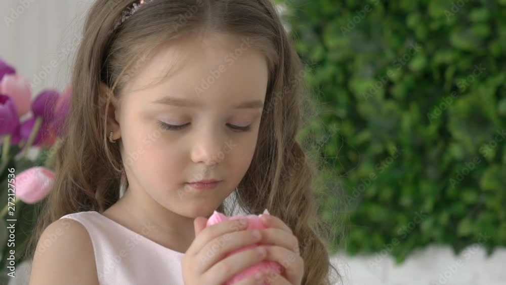 Girl Enjoys The Pink Tulips Flowers Bunch Girl Enjoys The Pink Tulips Flowers Bunch