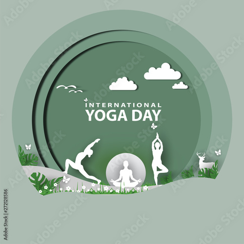 21 june-international yoga day,paper cut yoga body posture, human and sun rays, vector illustration - Vector